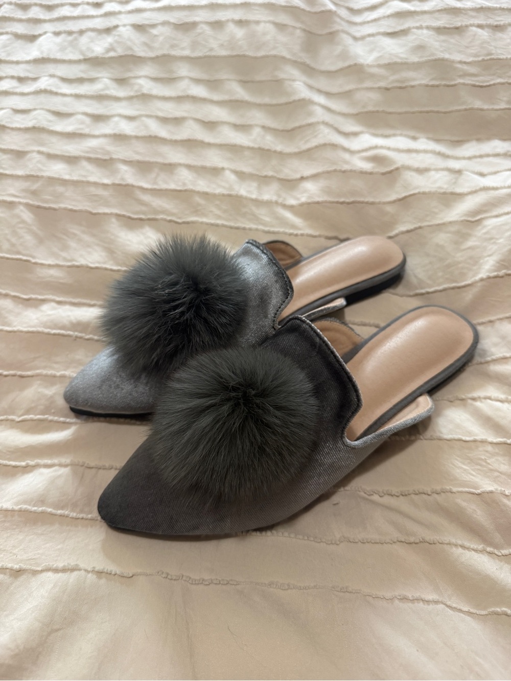 Gray Pom-Pom Velvet Slide Mules -  size 7